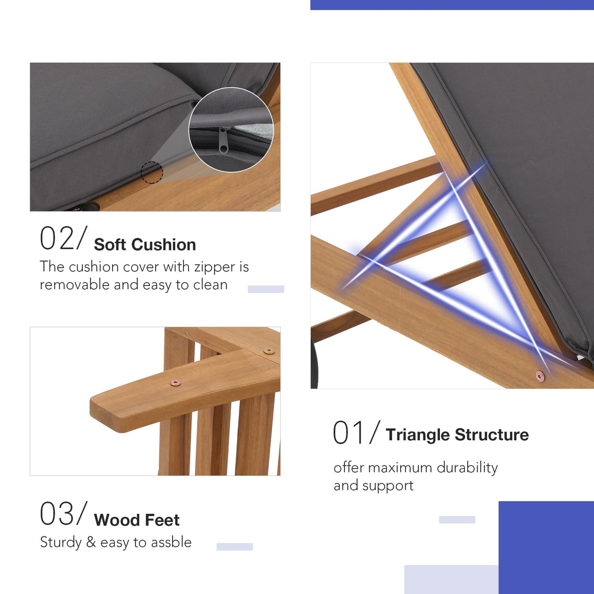 Patiorama Patio Acacia Wood Chaise Lounge Set of 2, Outdoor Folding Lounge Chair Recliner w/Adjustable Backrest, Wheels,Padded Cushion, Portable Sun Lounger Pool Chair for Deck,FSC Certified,Dark Grey Patiorama