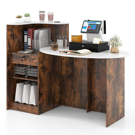 GOFLAME Reception Desk with Lockable Drawer & Adjustable Shelf, Front Counter with Oval Tabletop, Retail Register Stand, Office Computer Desk for Hotel, White + Rustic Brown GOFLAME