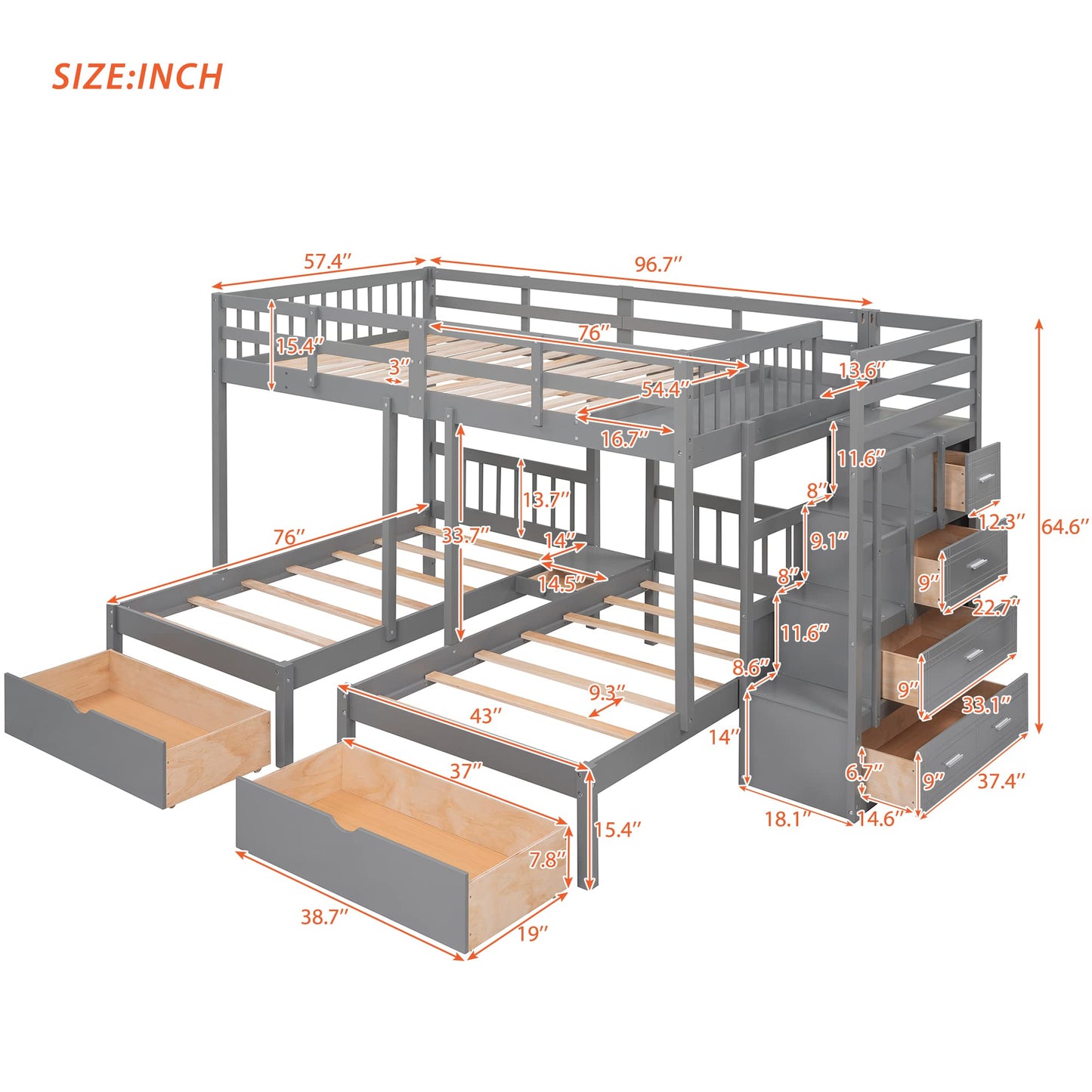 Harper & Bright Designs Grey Triple Bunk Beds with Drawers and Storage Staircase - Full Over Twin & Twin Design - WoodArtSupply