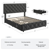 GAOMON Queen Size Bed Frame with 4 Storage Drawers and Headboard, Linen Upholstered Platform Bed Frame, Diamond Stitched Button Tufted, No Box Spring Needed, Dark Grey GAOMON