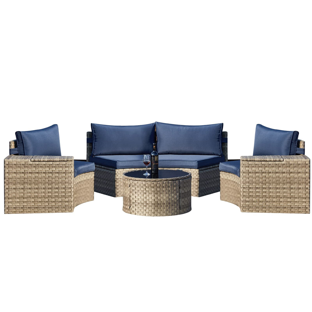 AVAWING Outdoor Sectional Furniture with 2 Storage Side Armrests, 7 Piece Half Moon Patio Set with Tempered Glass Round Coffee Table, All-Weather Gray Wicker, Waterproof Cushions (Blue) AVAWING