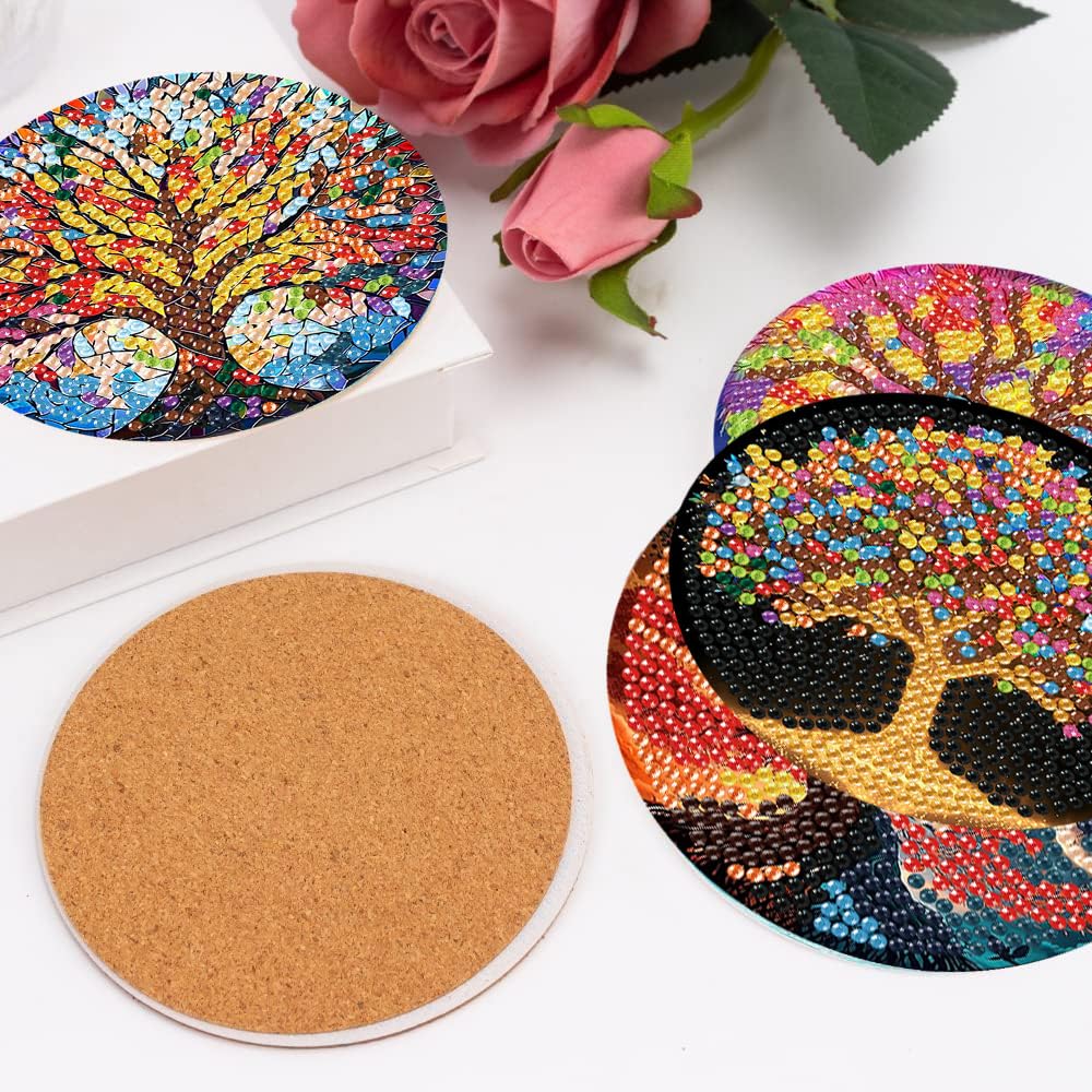 igoodom 8 Pcs Tree of Life Diamond Art Coasters Kit with Holder, DIY Tree Diamond Painting Coasters for Beginners Adults, Non Slip Diamond Art Kits Craft Supplies 4x4inch igoodom