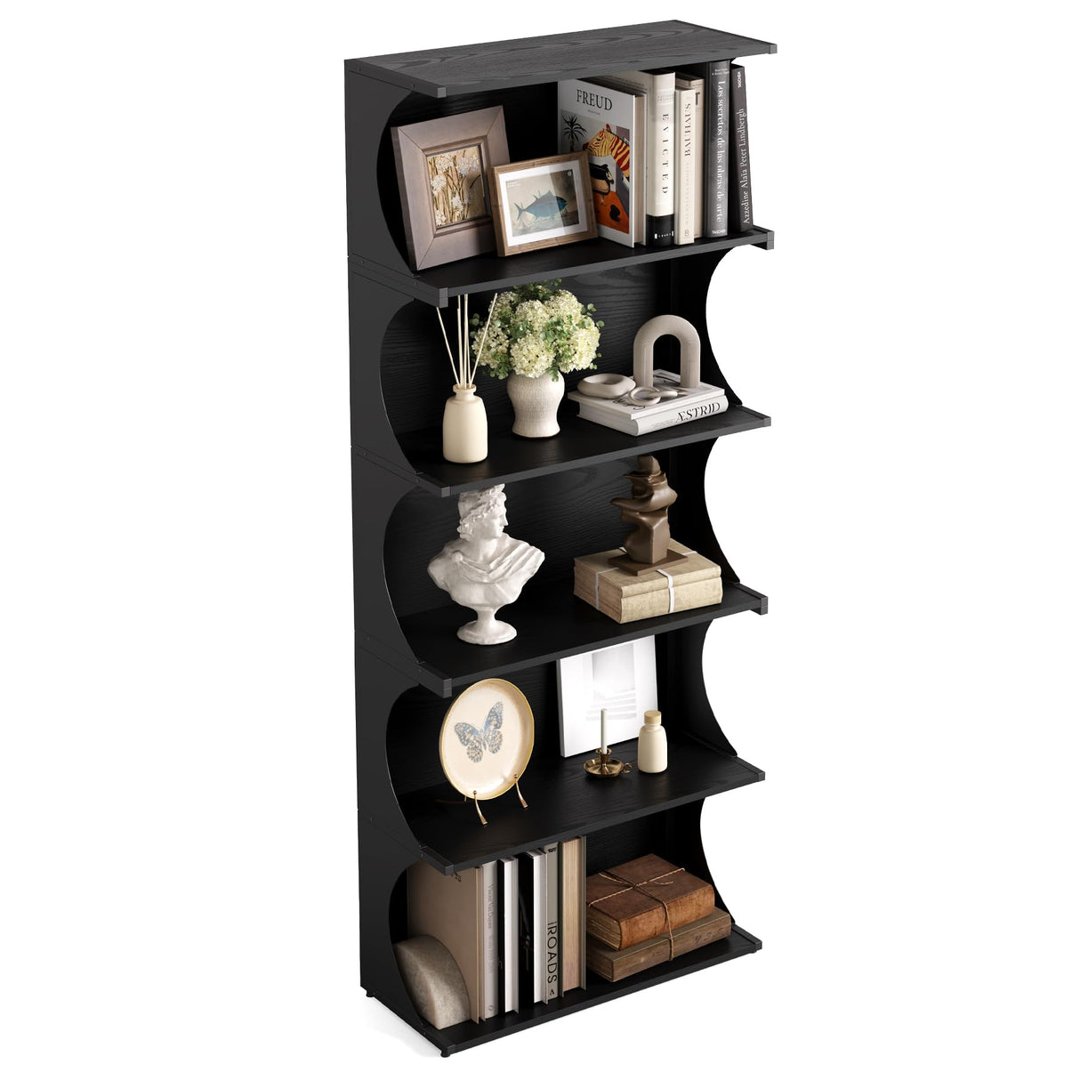 LITTLE TREE 5-Tier Bookcase, 70.8" Tall Open Bookshelf with Unique Curved-Edge Design, Modern Display & Storage Rack, Floor Standing Shelves for Home Office, Living Room, Bedroom, Studies, Black LITTLE TREE
