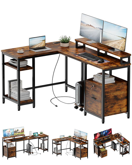 GAOMON 67” L Shaped Computer Desk with Power Outlet, Reversible Gaming Desk with File Drawer, 2 Monitor Stands & Adjustable Storage Shelf, Home Office Desks, 3 Installation Types, Rustic Brown GAOMON