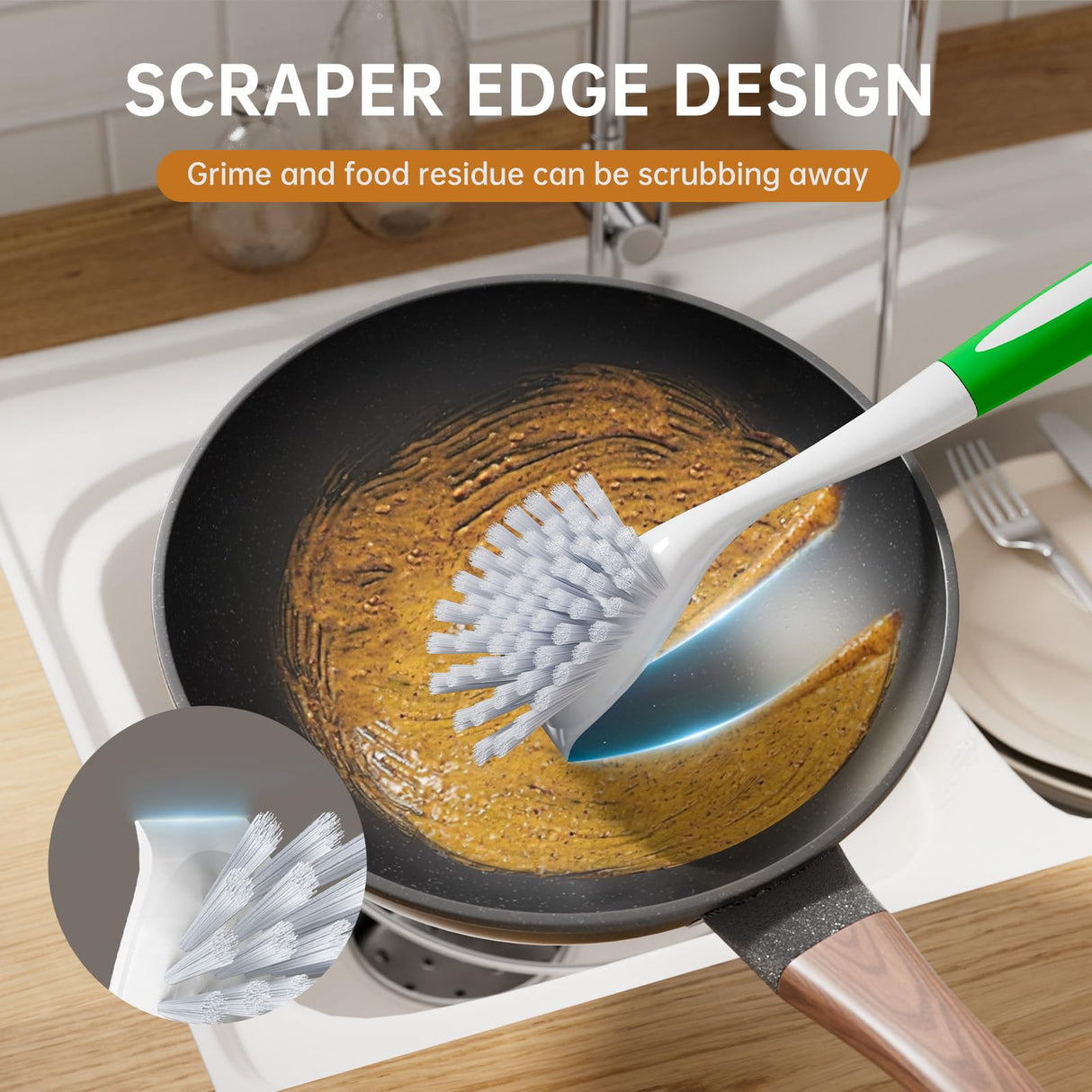 Amazer Dish Brush with Handle, 2 Pack Kitchen Scrub Brushes for Cleaning, Dish Scrubber with Stiff Bristles for Sink, Pots, Pans Amazer