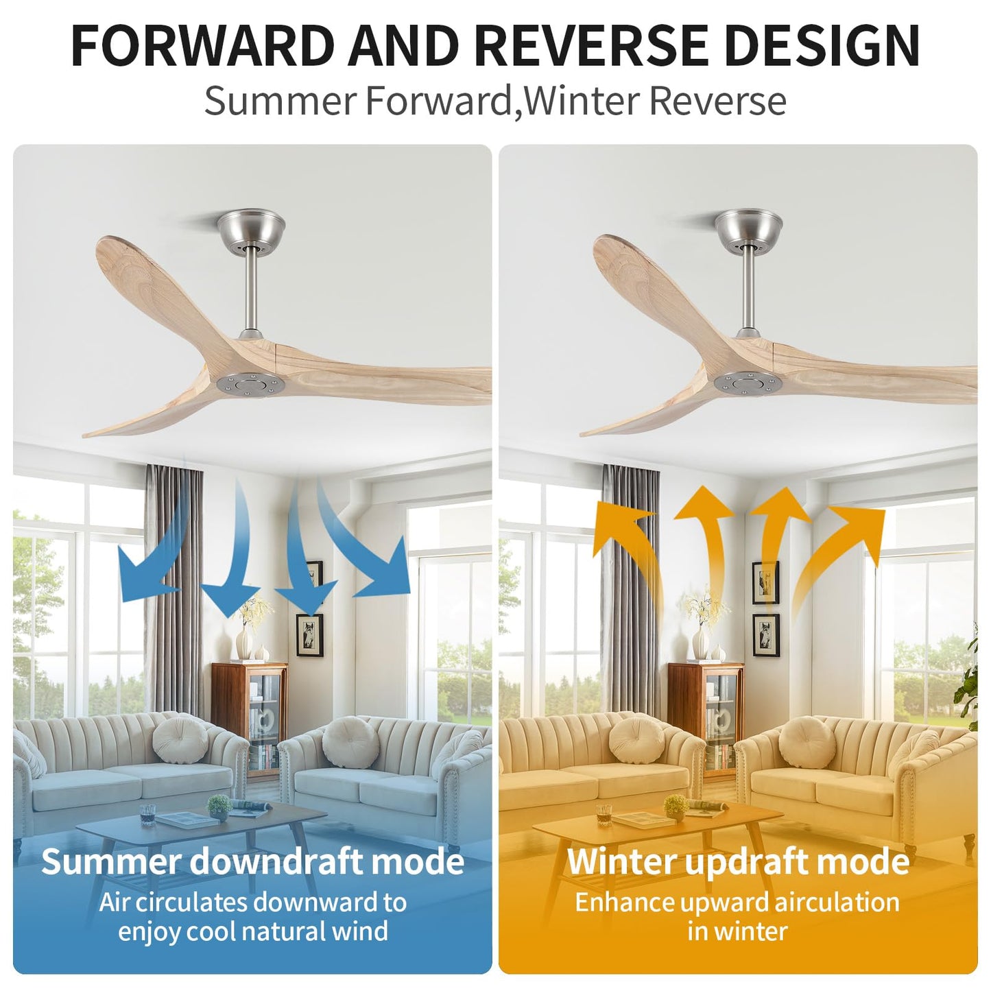 52 Inch Ceiling Fans Without Lights, Solid Wood Ceiling Fan with Remote Control and DC Silent Motor for Patio, Living Room, Bedroom, Nature Wood (Includes 3 Downrods)