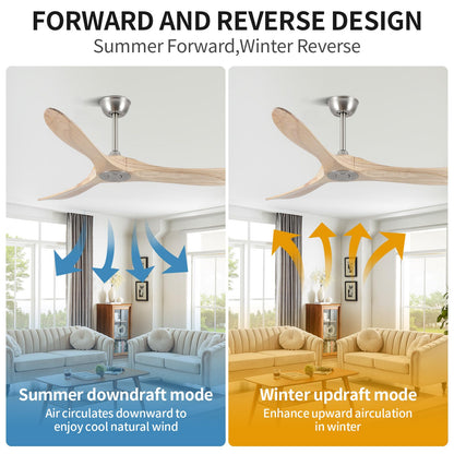 52 Inch Ceiling Fans Without Lights, Solid Wood Ceiling Fan with Remote Control and DC Silent Motor for Patio, Living Room, Bedroom, Nature Wood (Includes 3 Downrods)