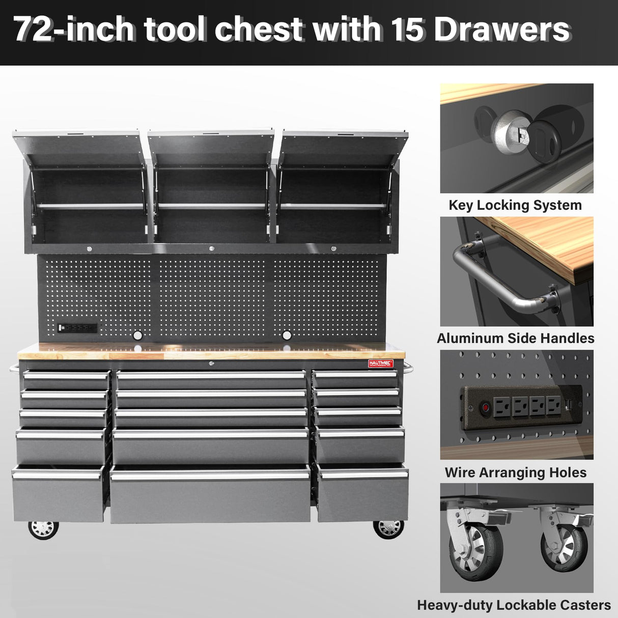 HAUTMEC 72" Rolling Tool Chest, Mobile Garage Workbench, Heavy-Duty Tool Cabinet on Wheels with 15 Drawers, 3 Upper Cabinets, Pegboard & 51 Hooks, Oak Work Surface & Power Strip – HT0428 HAUTMEC