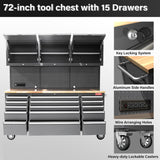 HAUTMEC 72" Rolling Tool Chest, Mobile Garage Workbench, Heavy-Duty Tool Cabinet on Wheels with 15 Drawers, 3 Upper Cabinets, Pegboard & 51 Hooks, Oak Work Surface & Power Strip – HT0428 HAUTMEC