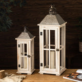 TIMRIS Large Rustic Wooden Decorative Lantern Set of 2, Modern Farmhouse Distressed Whitewash Floor Candle Lanterns, Indoor/Outdoor Hanging Lanterns for Home Decor (No Glass) TIMRIS