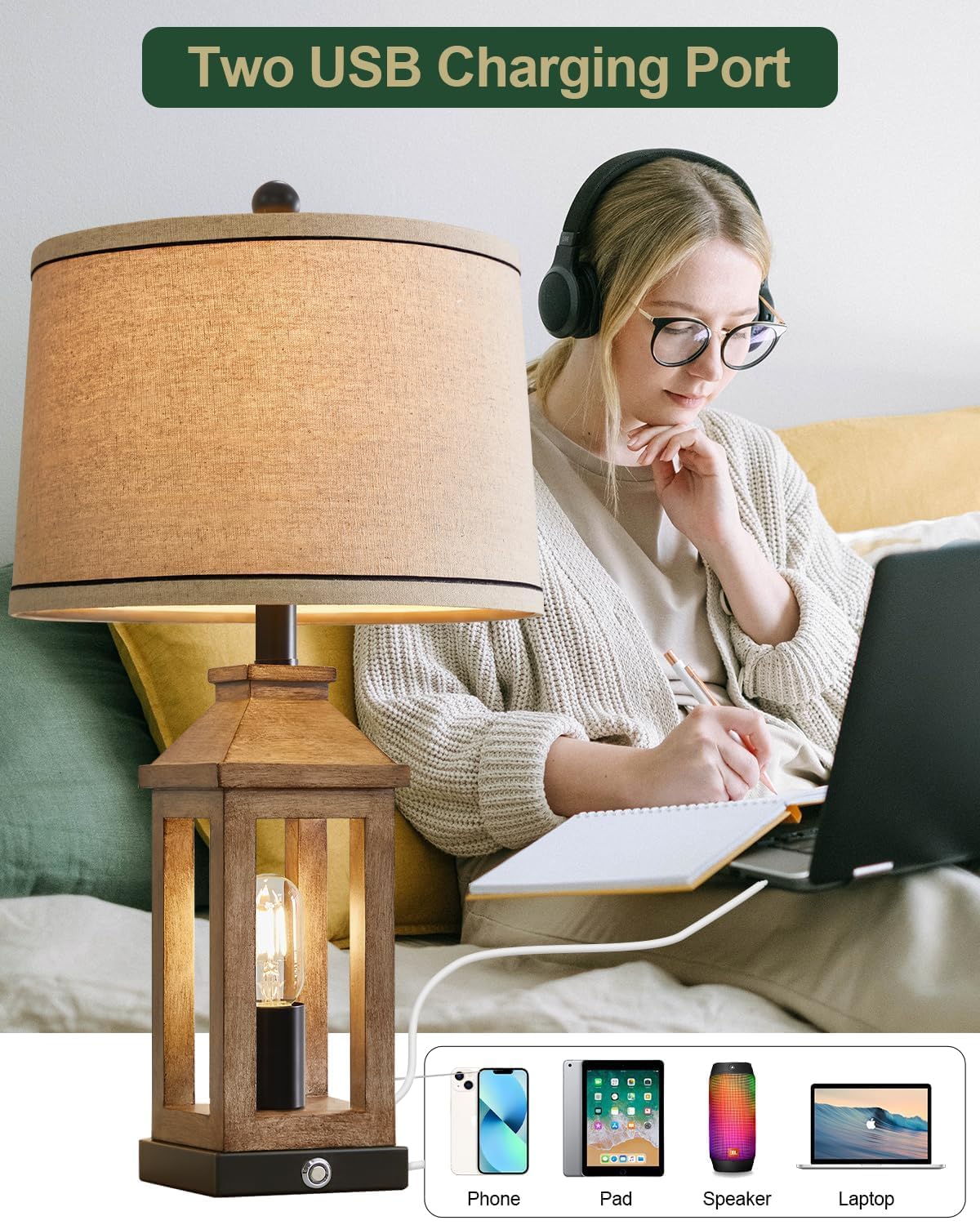 G-SAFAVA 23.75" Farmhouse Dual USB Charging Ports 3-Way Dimmable Touch Control Table Lamp with Nightlight Vintage Modern Lamps for Living Room Bedroom - WoodArtSupply