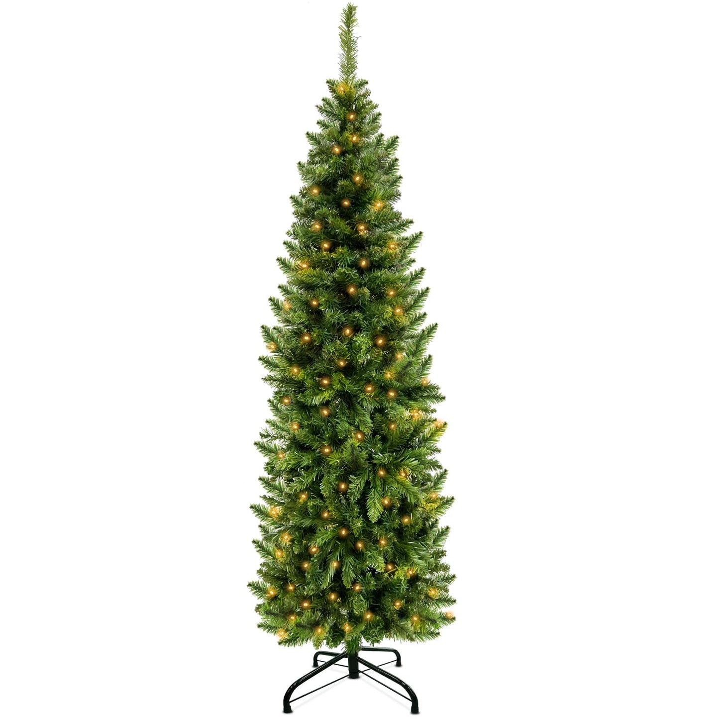 5 Ft Pencil Artificial Christmas Tree with 550 Branch Tips, Spruce Green,180 LED Warm White Lights, Include Metal Stand, UL Plug in, Slim Skinny Xmas Pencil Tree Decor for Holiday Home Indoor Outdoor