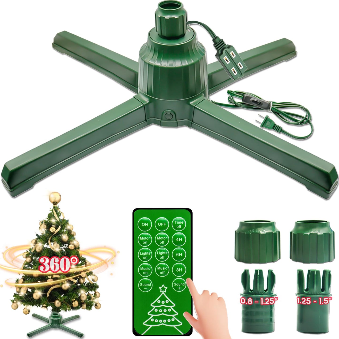 Rotating Christmas Tree Stand with Music- 360 Degree Adjustable Christmas Tree Base for Up to 10 FT Artificial Tree Fake Tree With 3 Built-in Electrical Outlets, Artificial Christmas Tree Stand, Green