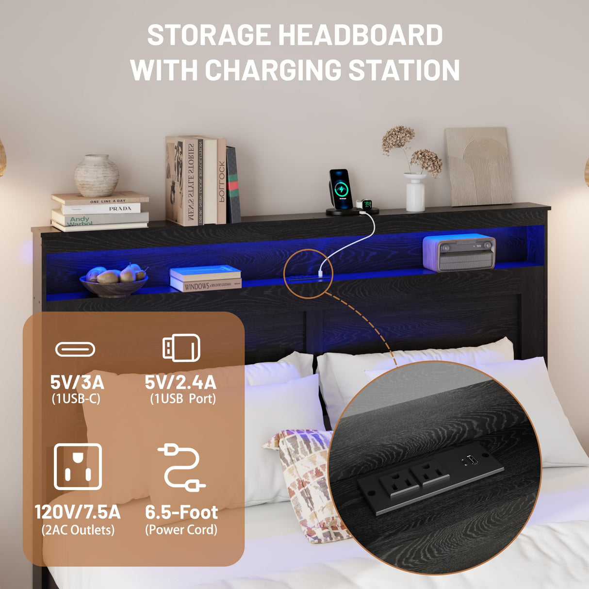 madeslves Wooden Bed Frame King Size with Storage Headboard, Rustic Platform Bedframe with LED Lights & Charging Station, Sturdy Metal Slats Support, Noise-Free, No Box Spring Needed, Black madeslves