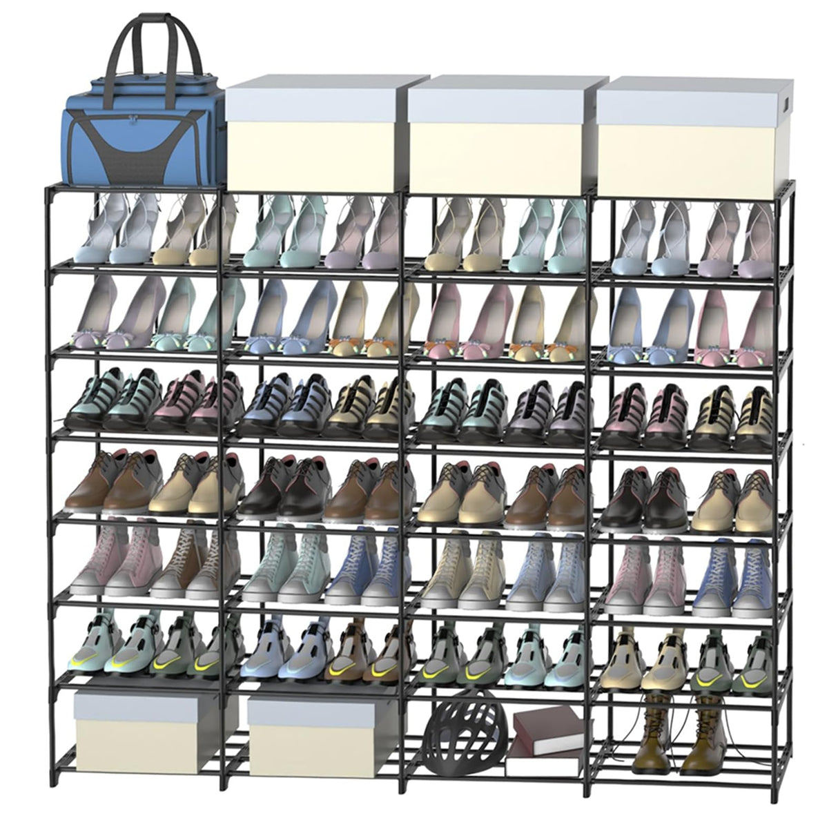 DYJIEKAI Large Shoe Rack Organizer, 4-Row 8-Tier Tall Shoe Storage Shelf for Closet, Entryway, Garage, Metal Free Standing Shoe Holder for 56-64 Pairs Shoes, Sturdy Stackable Shoe Stand for Bedroom DYJIEKAI