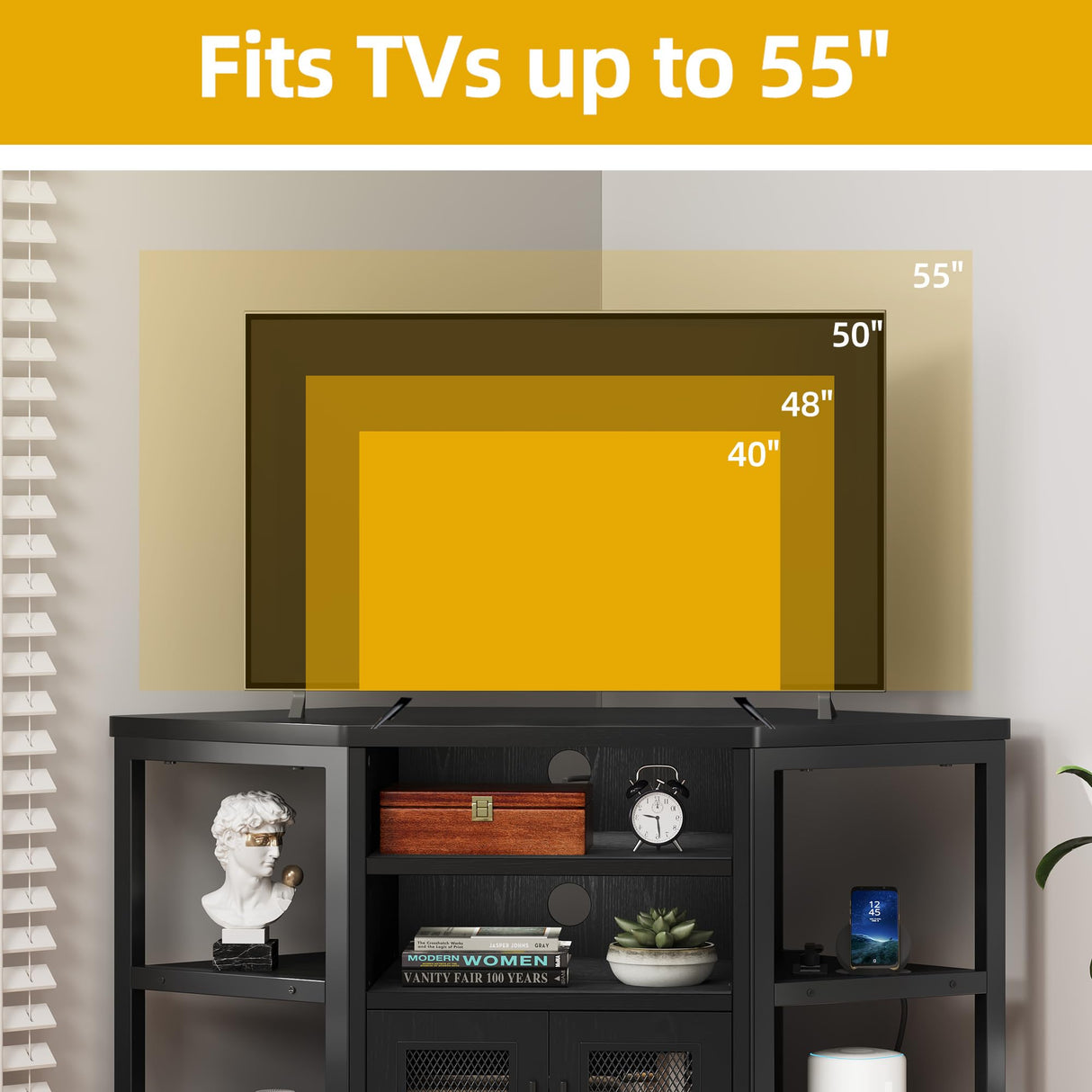 DWVO Farmhouse Corner TV Stand for Living Room, TV Stand for 55 Inch TV, Entertainment Center with Storage and Power Outlet, TV Console Cabinet, Black DWVO