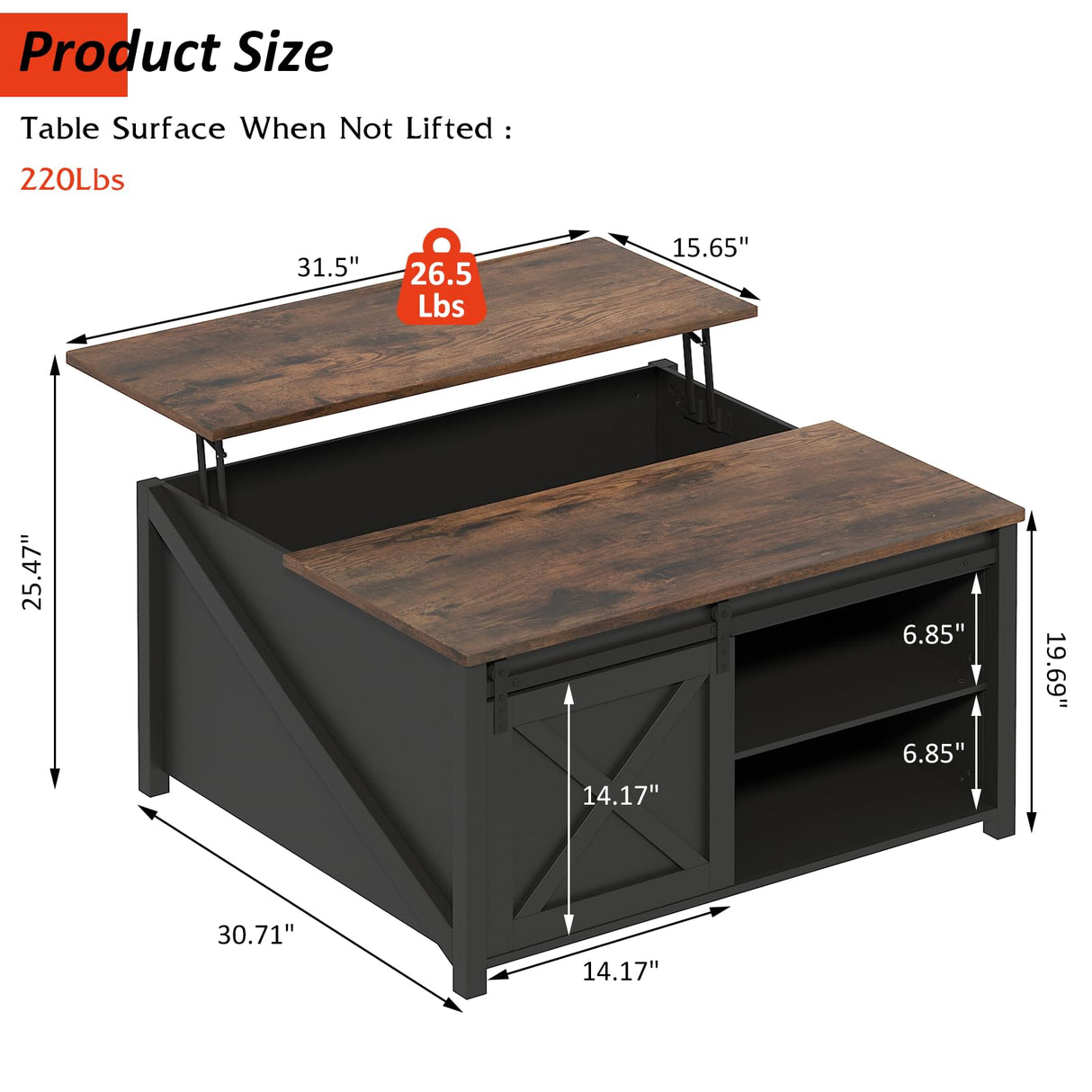 PUKAMI Lift Top Coffee Table with Storage, 31.5" Farmhouse Coffee Table for Living Room, Square Coffee Tables with Large Hidden Storage and Sliding Barn Doors, Black PUKAMI