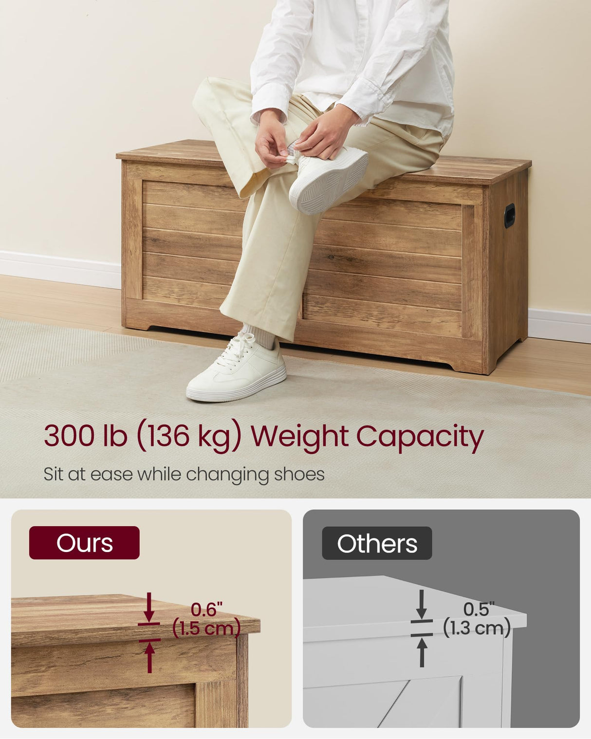 VASAGLE Storage Chest, Storage Trunk with 2 Safety Hinges, Storage Bench, Shoe Bench, Farmhouse Style, 15.7 x 39.4 x 18.1 Inches, for Entryway, Bedroom, Living Room, Honey Brown ULSB061K01 VASAGLE