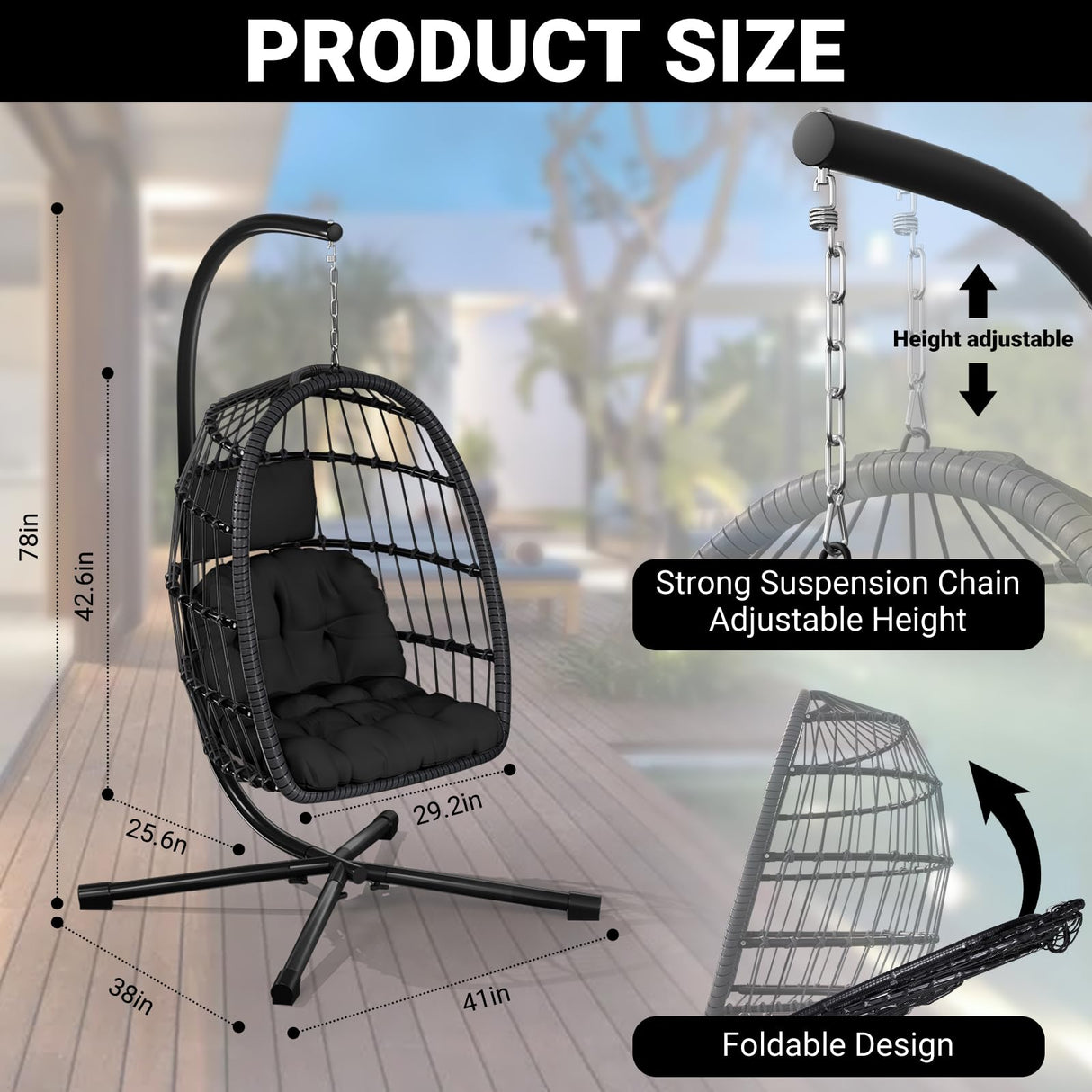 CHABATREE Egg Chair with Stand,Patio Rattan Wicker Hanging Swing Egg Chair Hammock Chair for Bedroom Porch Garden,Thickened Aluminum Alloy Steel Frame and UV Resistant Cushion,350LBS Capacity CHABATREE