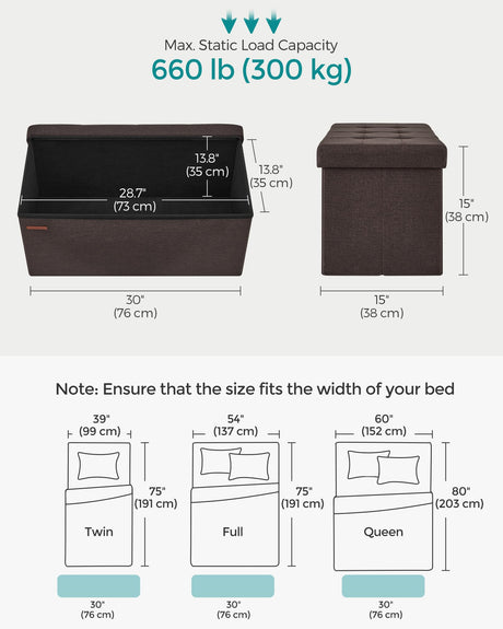 SONGMICS Mazie Collection - 30 Inches Folding Storage Ottoman Bench, Ottoman Foot Rest, End of Bed Bench, Storage Chest, Load 660 lb, for Living Room, Bedroom, Entryway, Brown ULSF047K02 SONGMICS