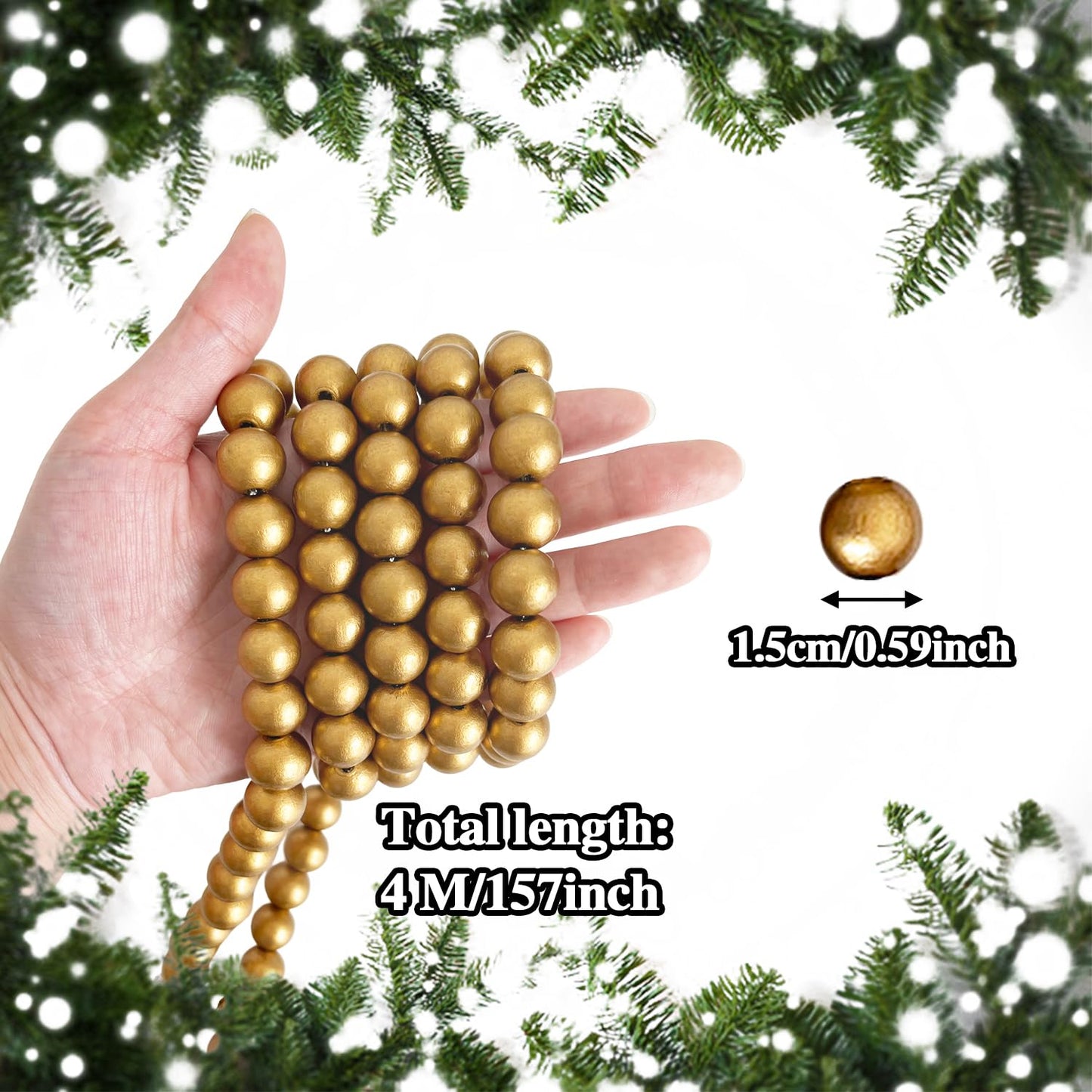 157 inch Christmas Wood Bead Garland,Gold Decorated with Christmas Tree Ornament,Farmhouse Bead Garland for Christmas Decoration Supplies