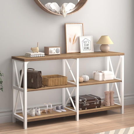 IBF Farmhouse Entryway Table, Wood TV Console Table, Rustic Metal Sofa Table, Industrial Hallway Tables with Storage Shelves, Modern Foyer Tables for Front Entry Way, White and Rustic Oak, 47 Inch IBF