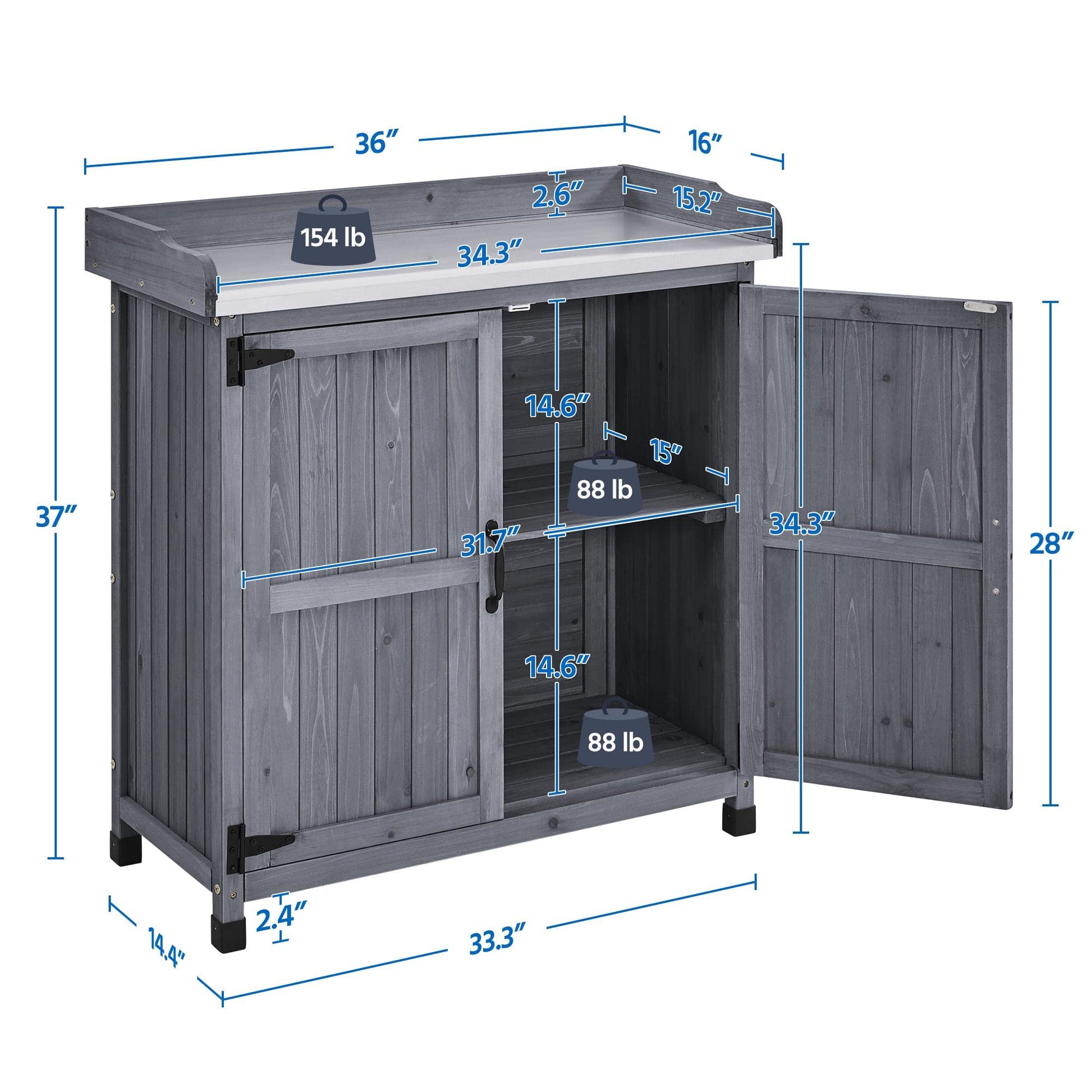 Topeakmart Potting Bench Table - Wooden Storage Cabinet with Removable Shelf & Flexible Space & Metal-Plated Tabletop for Outdoor Garden Patio, Gray - WoodArtSupply