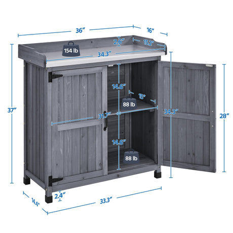 Topeakmart Potting Bench Table - Wooden Storage Cabinet with Removable Shelf & Flexible Space & Metal-Plated Tabletop for Outdoor Garden Patio, Gray Topeakmart