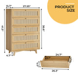 AOGLLATI Rattan Dresser for Bedroom with 5 Drawer, Modern Double Wooden Tall Bedroom Dresser, Chest of Drawers with Metal Handle & Solid Wood Legs for Bedroom/Living Room, AOGLLATI