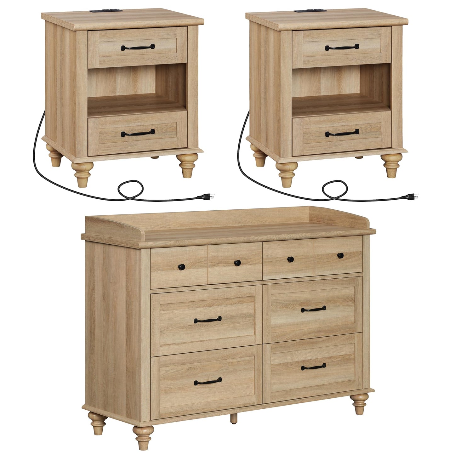 WAMPAT 3 Piece Dresser and Nightstand Sets, Light Wood Dresser & Chest of Drawers with 6 Drawers & Metal Handle, Set of 2 Nightstands Side Table with Charging Staion, 3 Piece Bedroom Set, Oak - WoodArtSupply