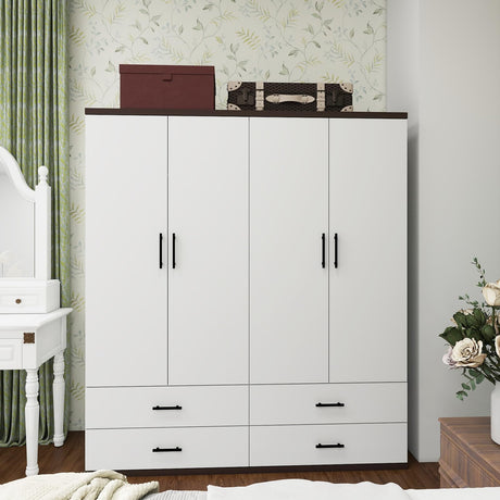 ClassyCabin 70.8" Tall White Wooden Armoire Wardrobe Closet with 2 Hanging Rods 4 Doors 4 Drawers Shelves for Bedroom Wardrobe Modern Freestanding Clothes Storage Cabinet 63" W x 18.9" D x 70.8" H ClassyCabin