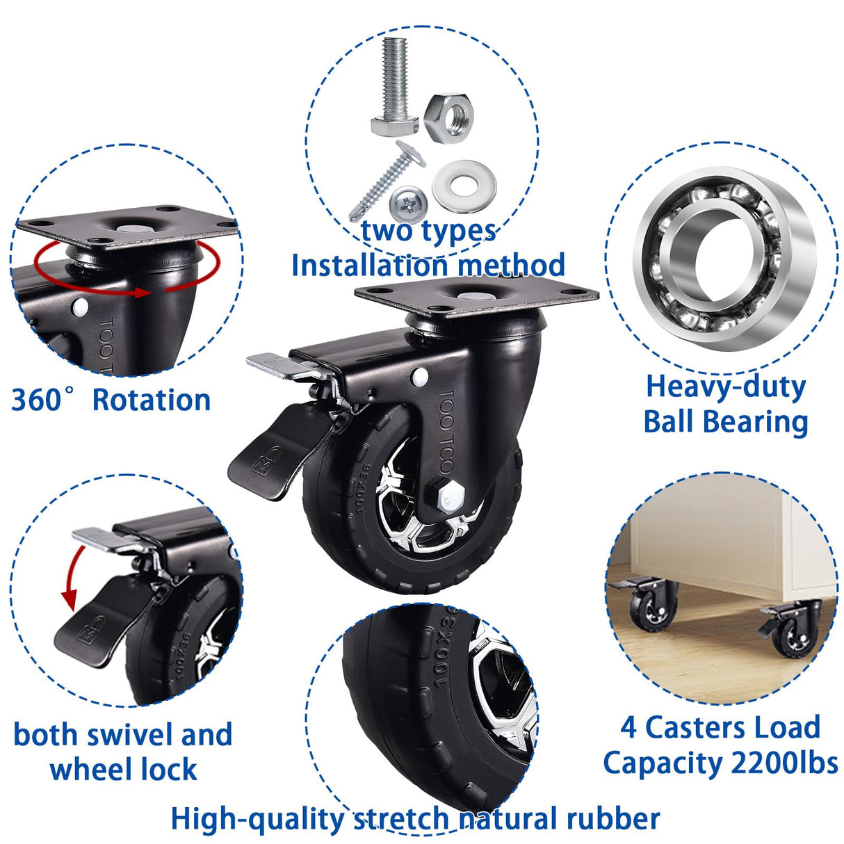 4 Inch Caster Wheels Set of 4 Heavy Duty Natural Elastic Rubber Wheels with Locking 2200Lbs Load Capacity, Silent Swivel 360° Rotation. Ideal for Industrial Carts, Trolleys, Workbenches, and Casters TOO TCO