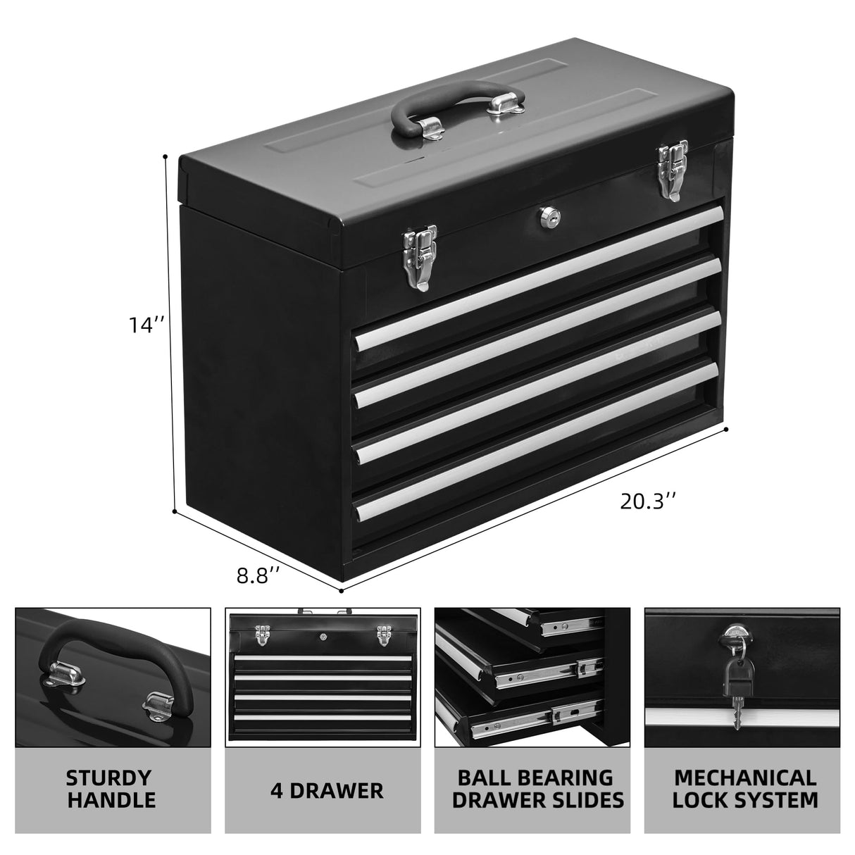 Runboll Portable Tool Chest Metal 4-Drawer Tool Cabinet 20" Steel Tool Storage Box Organizer with Metal Cylinder Lock and Latch Closure, for Home Improvement, Auto Mechanics Runboll
