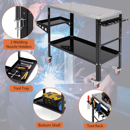 Toolsempire Welding Table, 1200 lbs Load Capacity Welding Workbench Table with Tool Rack & Tray, 5/8” Fixture Holes, Bottom Shelf, Portable Welding Cart with 4 Lockable Wheels for Welding, Sa - WoodArtSupply