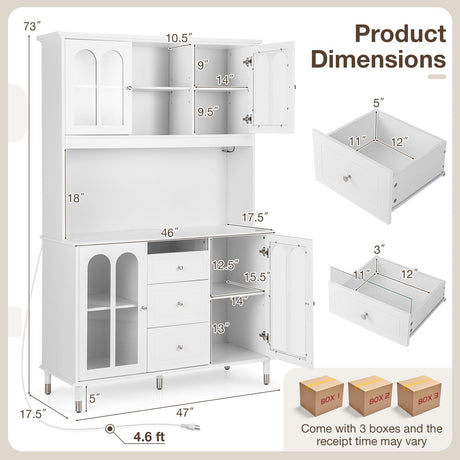 LOKO 73'' Kitchen Pantry Storage Cabinet, Freestanding Buffet Cabinet with LED Lights & Power Outlets, Kitchen Hutch with Microwave Stand, Adjustable Shelves, Doors and Drawers, for Dining Room, White LOKO