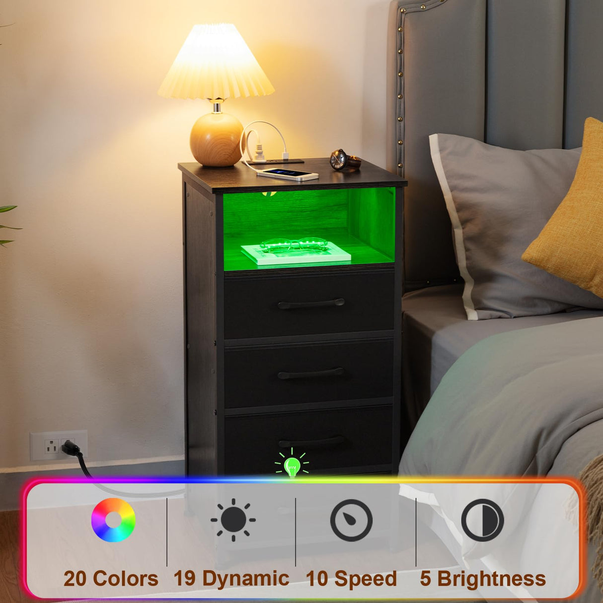 LOAKEKEL Night Stand, Tall Nightstand Set of 2 with Charging Station, Black Dresser for Bedroom with 4 Drawers, LED End Tables with USB Ports and Outlets, Bedside Table with Storage Bins, HNS034BK LOAKEKEL