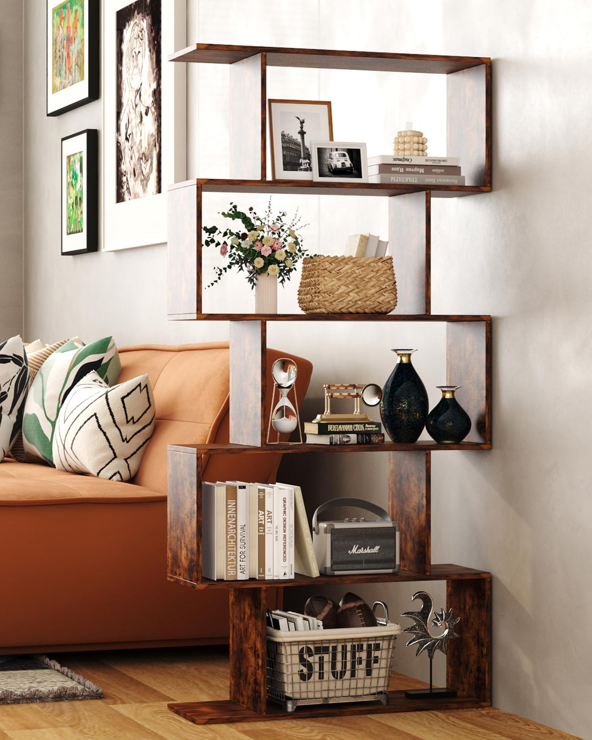 Yusong Bookshelf 5-Tier, Geometric Bookcase S Shaped Book Shelves for Bedroom, Modern Industrial Wood Decorative Display Shelf Book Case for Home Office, Rustic Brown Yusong