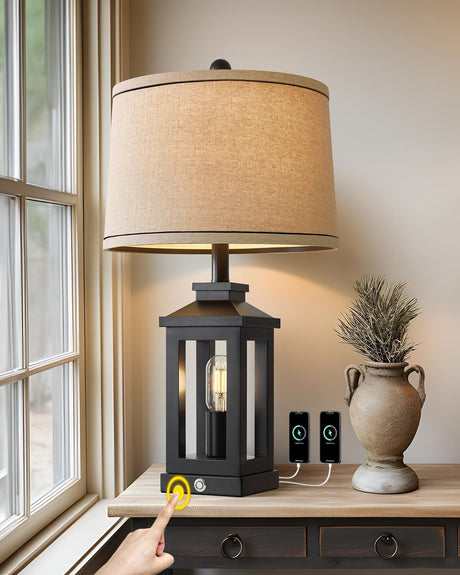 G-SAFAVA 23.75" Retro Farmhouse Black Table Lamp for Living Room Bedroom Nightstand Single Pack Touch Control Bedside Nightlight Vintage Modern Lamp with USB C+A Ports and 2 Light Sources G-SAFAVA