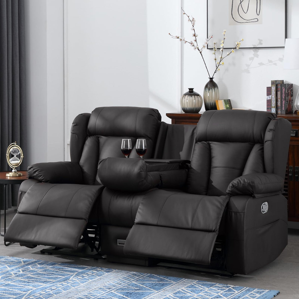 IBTKIG 72.8" Manual Reclining Loveseat Sofa - Wall Hugger Double Loveseat Recliner with Console, Fold-Down Table and Built-in Outlets, Manual Recliner Chair for Living Room RVs Home Theater (Black) IBTKIG