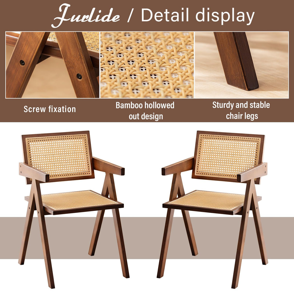 Furlide Rattan Accent Chairs, Modern Mid Century Dining Chairs Set of 2, Comfy Armchairs, Outdoor Rattan Chairs with Armrest for Bedroom Living Room Reading Room Dining Kitchen, Brown Furlide
