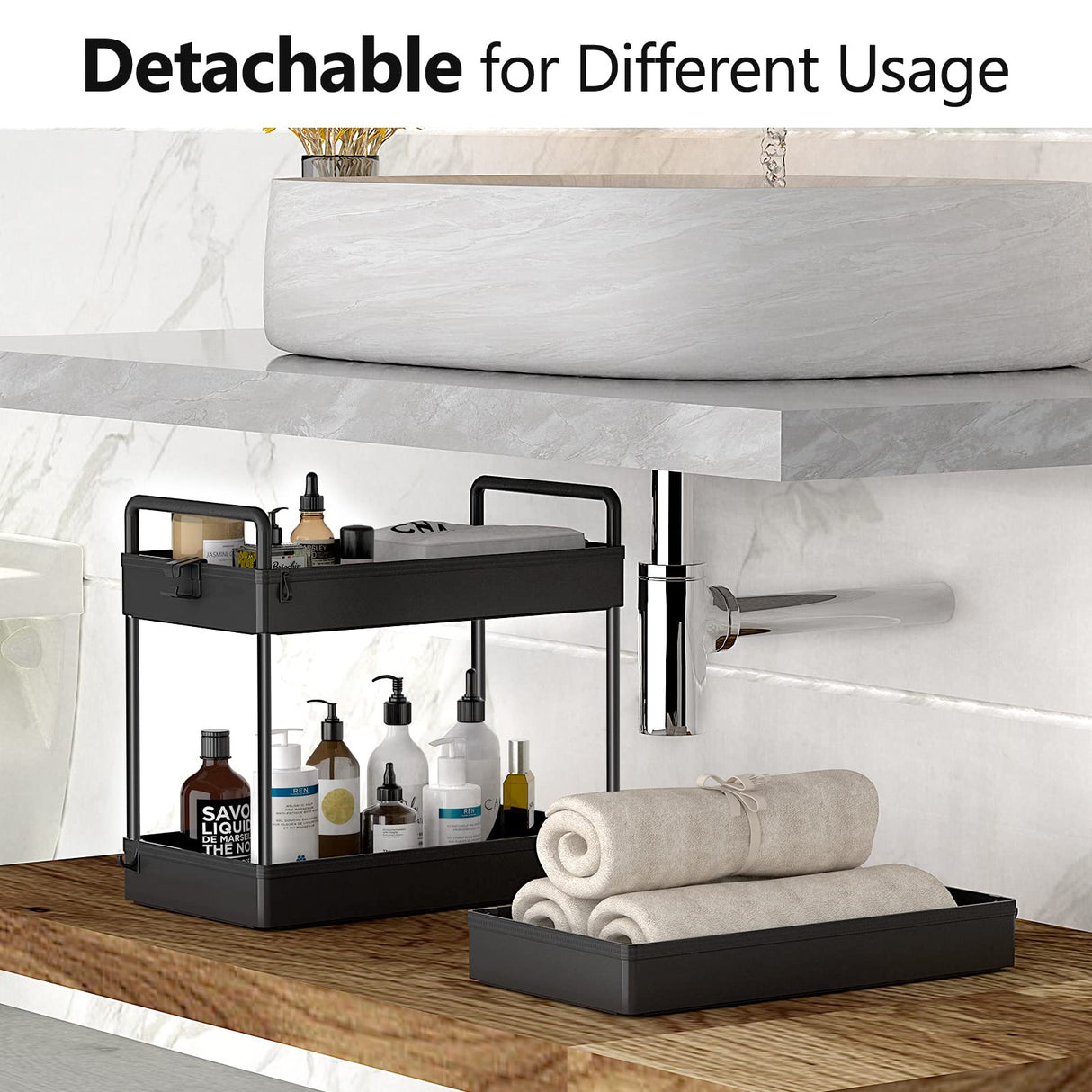 SOLEJAZZ Rolling Storage Cart, 3 Tier Utility Cart Mobile Slide Out Organizer, Bathroom Standing Rack Shelving Unit Organizer for Kitchen, Bathroom, Laundry Room, Black SOLEJAZZ