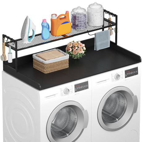 Lifewit Washer Dryer Countertop with Adjustable Shelf, Splice Type, 54" x 27.5" Melamine Cover for The Top with Edge Rails, Towel Rack, 8 Hooks, Laundry Room Storage and Organization, Black Lifewit