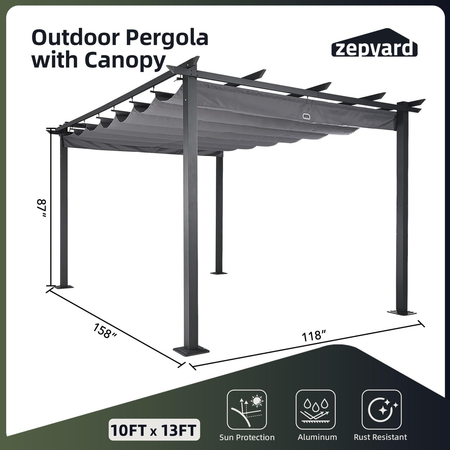 ZEPYARD 10X13 FT Outdoor Pergola, Aluminum Pergola with Sun Shade Retractable Canopy, Patio Retractable Pergola for Deck, Backyard, Grill (Grey)