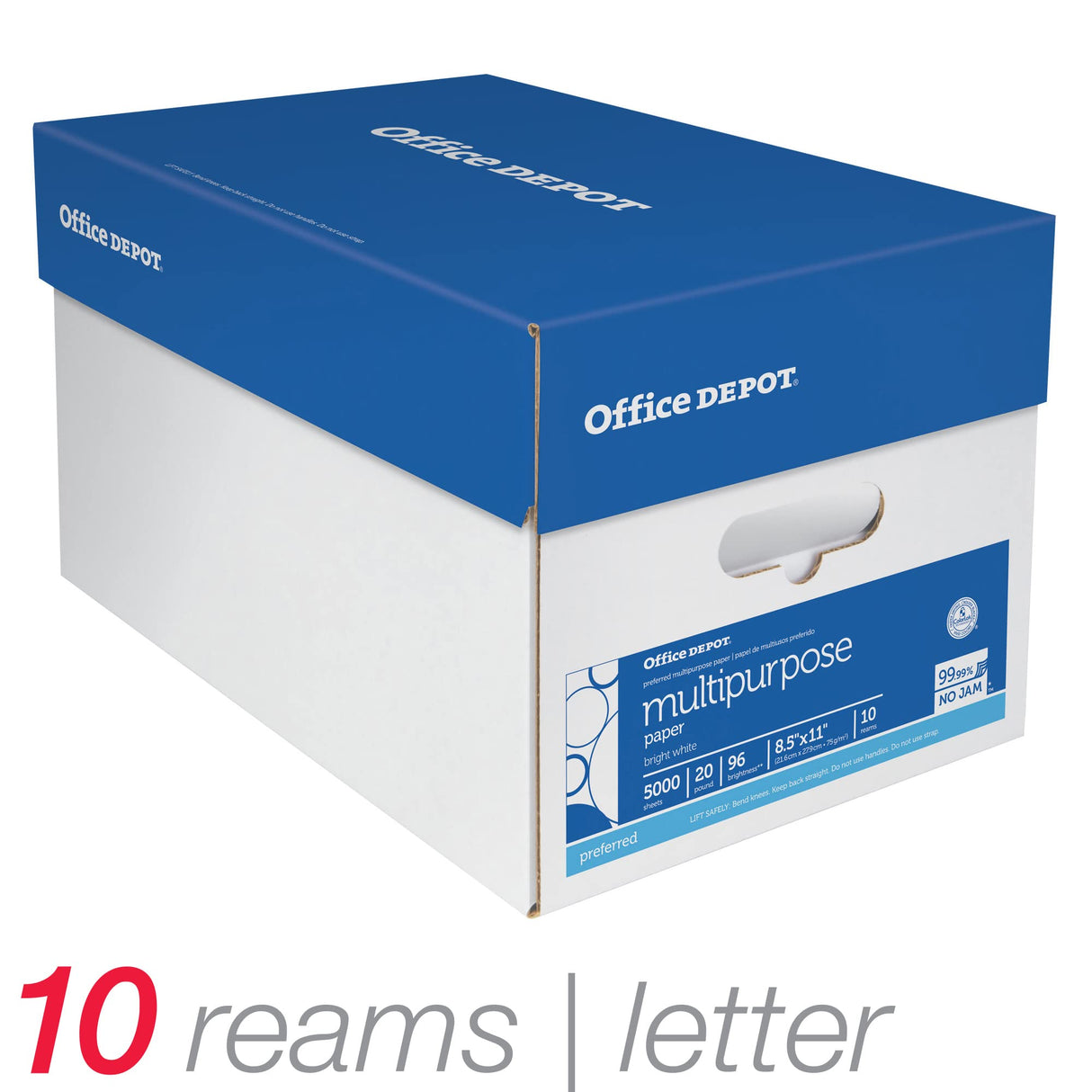 Office Depot® Multi-Use Printer & Copy Paper, 10 Reams, White, Letter (8.5" x 11"), 5000 Sheets Per Case, 20 Lb, 96 Brig Office Depot