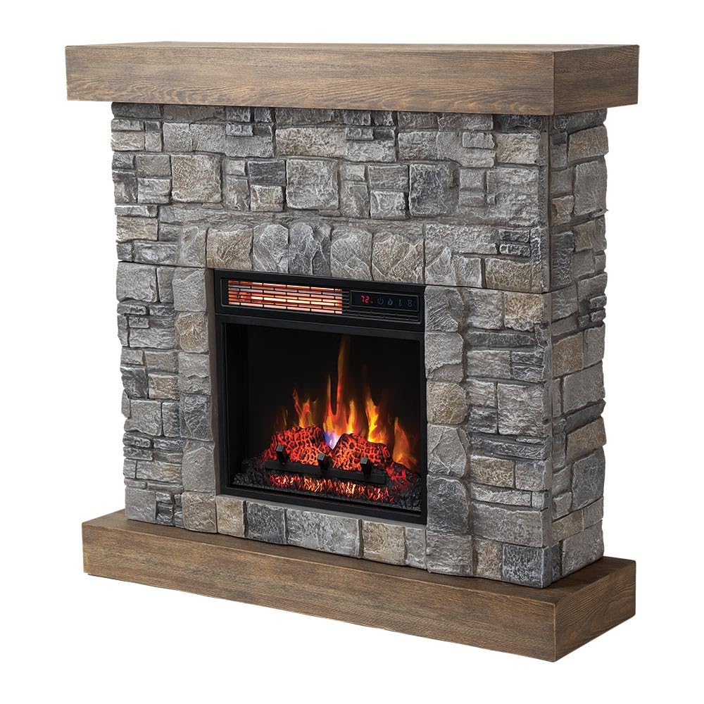 Modern Ember Raeford 40 Inch Wood Fireplace Mantel with Stone Brick Surround and 18" Electric Fireplace Insert | 40" L x 40" H x 11.5" D Modern Ember