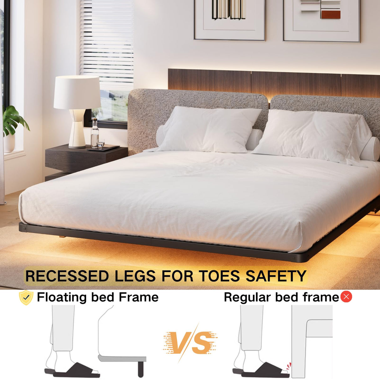 LAKKURI Floating Bed Frame King with Led Lights, King Size Floating Bed Frame,Type-C and Charging Station, No Box Spring Needed, Noise-Free, Easy Assembly LAKKURI