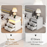 ChooChoo LED Nightstand with Charging Station, Smart Night Stand with Sliding Top Storage, 2-Drawers High Gloss Bedside Table, Modern End Table for Bedroom,White ChooChoo
