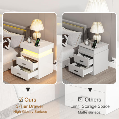 ChooChoo LED Nightstand with Charging Station, Smart Night Stand with Sliding Top Storage, 2-Drawers High Gloss Bedside Table, Modern End Table for Bedroom,White ChooChoo