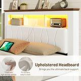 Farmhouse Full Size Bed Frame with Sliding Barn Door and Storage Bookcase, PU Leather Headboard with Charging Station and LED Light, Arc-Shaped Slats, No Box Spring Needed, No Noise, White and Walnut RALGEND