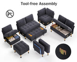 Vipbear 7 Seat L Shaped Modular Sectional Sleeper Sofa Bed with Ottoman/Pull Out Bed/Reclining Backrest/USB Ports/Table/LED Light/Storage Seat, Tool-Free Assembly, Chenille Dark Grey Vipbear